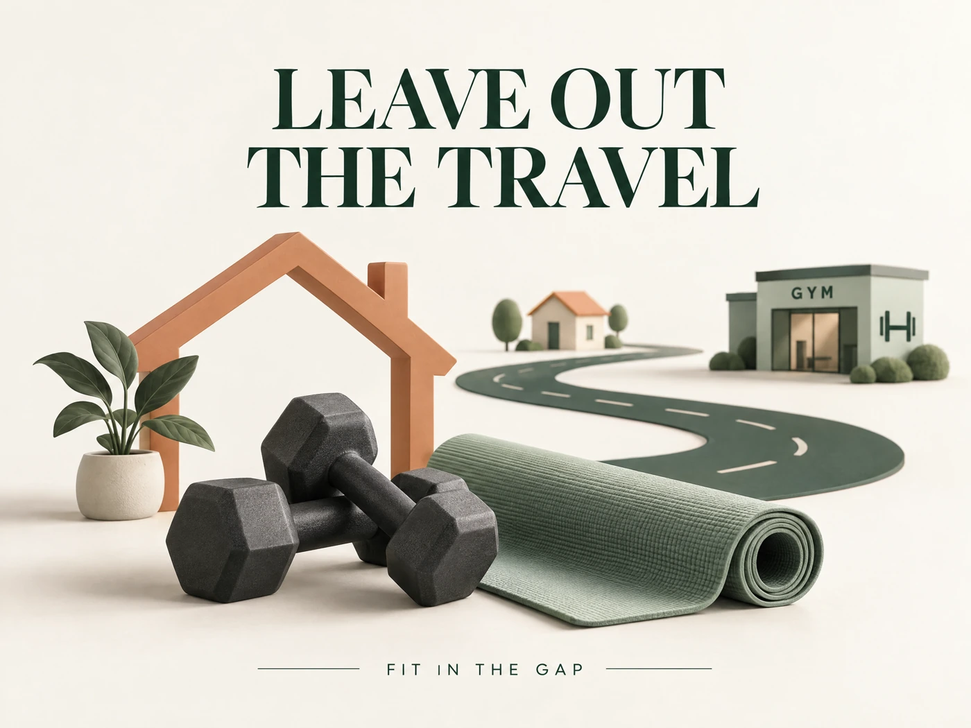Leave out the travel: dumbbells and a mat at home beside an illustrative road to a gym