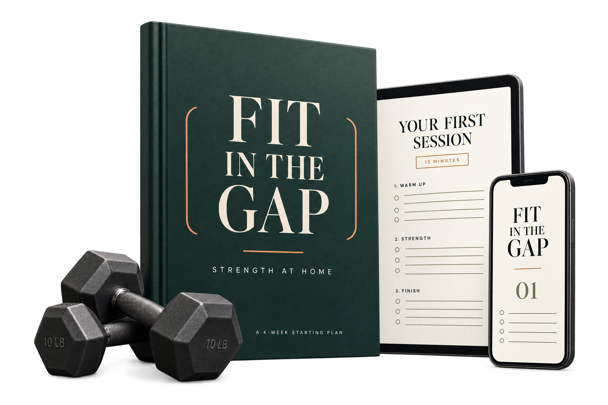 Fit in the Gap digital strength guide shown with tablet and phone document previews, beside illustrative dumbbells