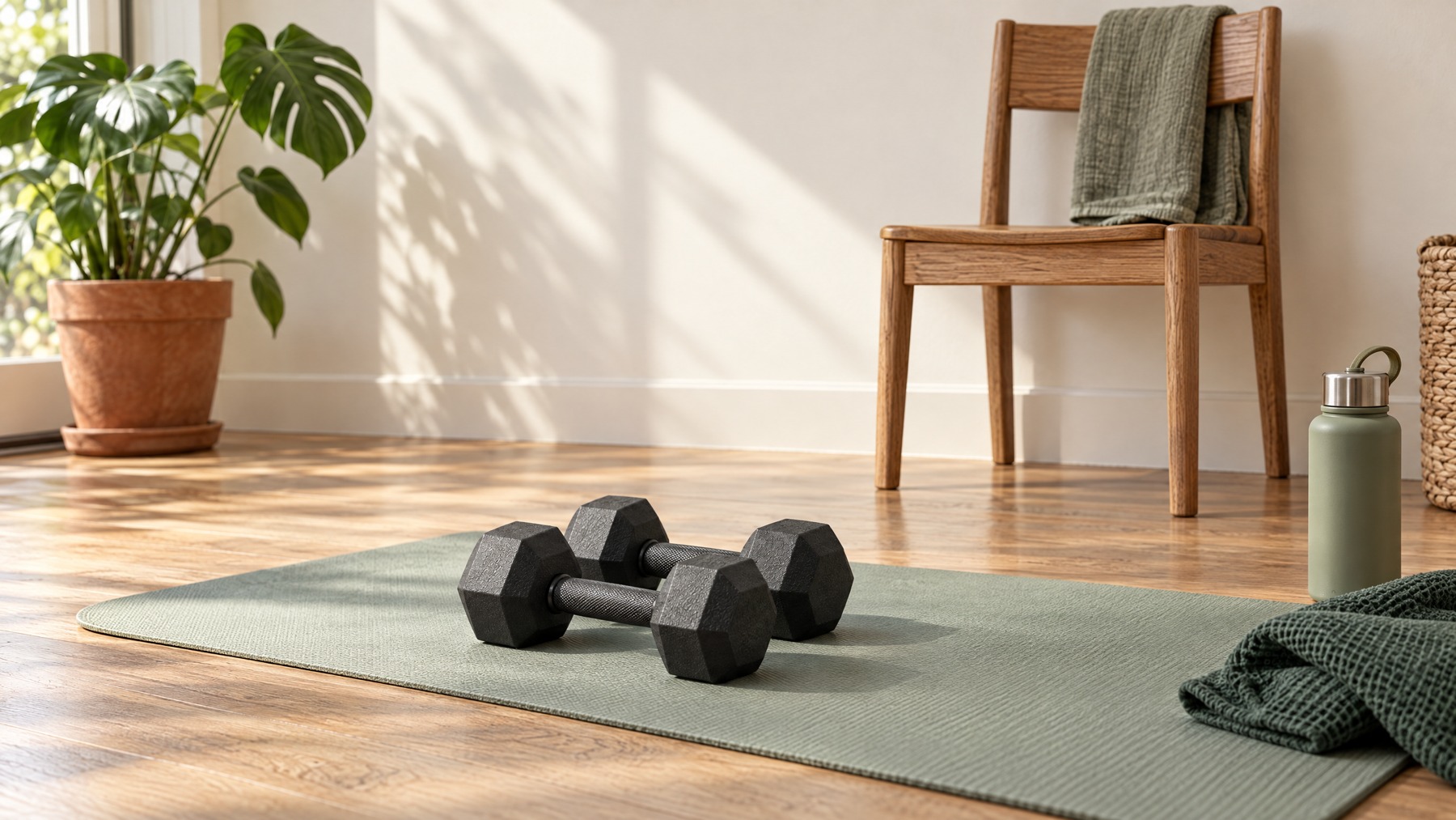 An illustrative home strength corner with a pair of dumbbells, exercise mat and stable wooden chair